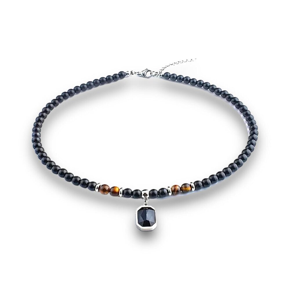 Black Bead Choker and Necklace for men, Tiger eye stone beads. Natural Stone Bea